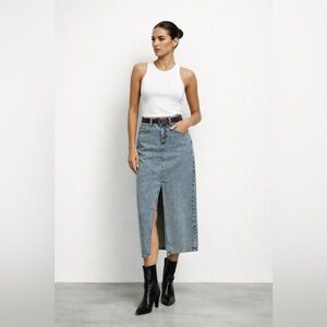 NWT highwaisted front slit rigid denim midi skirt 10 quiet luxury model off duty